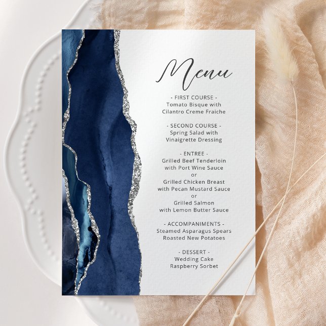 Menu Casamento de Roteiro Moderno em Ágata Prata Azul-M (Criador carregado)