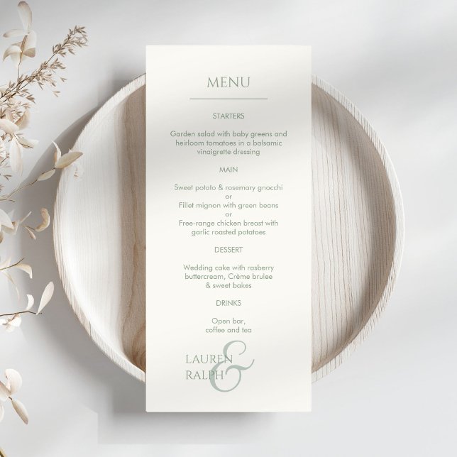 Menu Casamento de Sage Green & Ivory Monogrammed (Criador carregado)