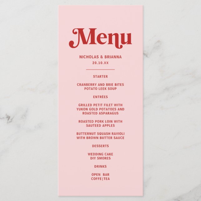Menu Casamento de São Valentim Vermelho e Rosa (Frente)