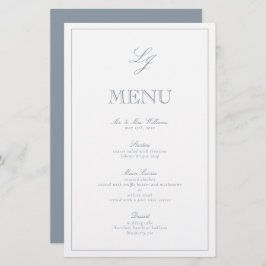 Menu Casamento de Script Azul Dusty Monograma Eleg