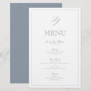 Menu Casamento de Script Azul Dusty Monograma Eleg
