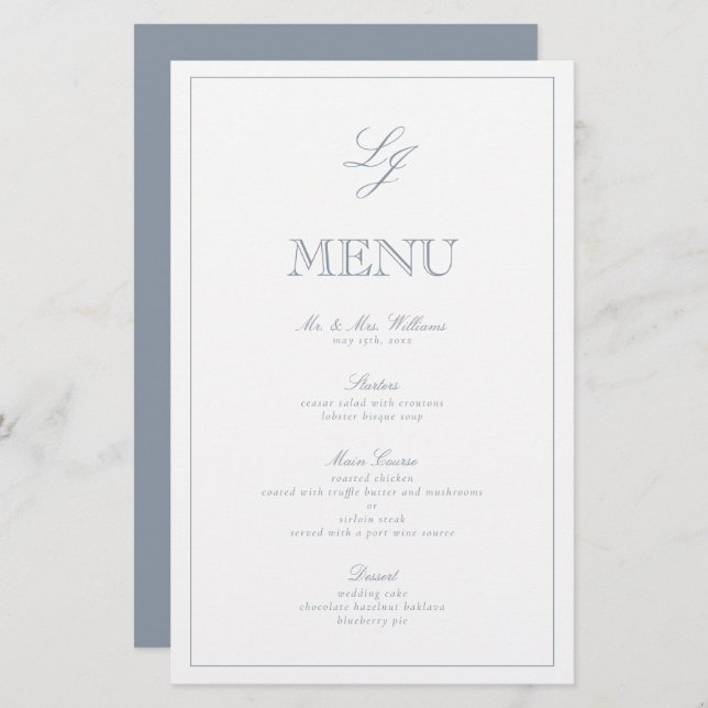 Menu Casamento de Script Azul Dusty Monograma Eleg (Frente/Verso)