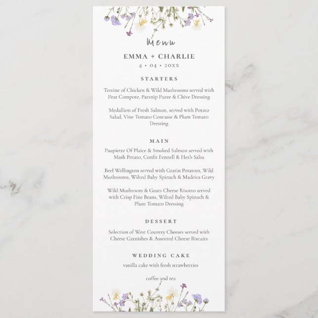 Menu Casamento de Script Boho de Flores Selvagens Elega (Frente)