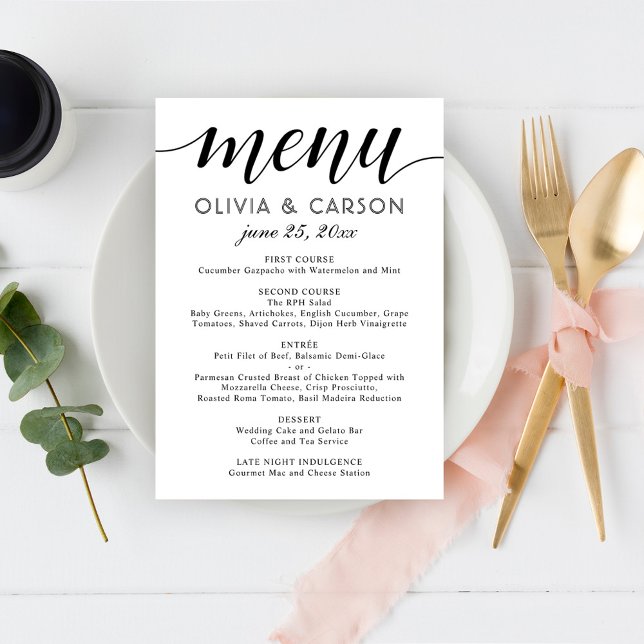 Menu Casamento de Script Branco e Preto Moderno (Criador carregado)