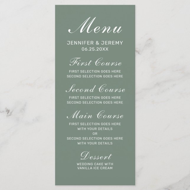 Menu Casamento de Script Branco Elegante Verde do Sage  (Frente)
