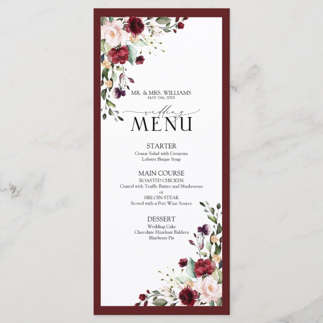 Menu Casamento de Script de Aquarela Floral Blush Burgu (Frente)