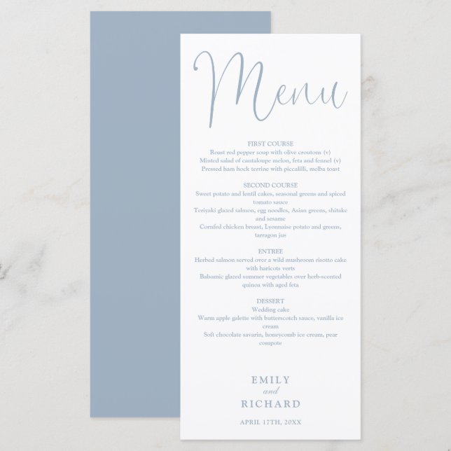 Menu Casamento de Script de Caligrafia Azul Dusty (Frente/Verso)