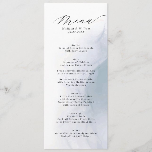 Menu Casamento de Script de Caligrafia Azul Elegante Du (Frente)