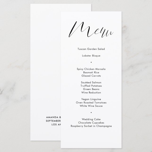 Menu Casamento de Script de Caligrafia Branca Delicada (Frente/Verso)