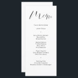 Menu Casamento de Script de Caligrafia Branca Delicada<br><div class="desc">Este moderno cartão de casamento preto e branco apresenta caligrafia delicada moderna e uma tipografia simples para o seu menu de casamento. Perfeito para um casamento moderno, mas clássico, ou outro evento, casamento com um tema preto e branco ou casamento elegante. No verso está espaço para seus nomes e data...</div>