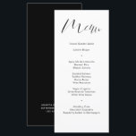 Menu Casamento de Script de Caligrafia Negra Delicada<br><div class="desc">Este moderno cartão de cardápio de casamento apresenta caligrafia moderna e uma tipografia simples para o seu cardápio de casamento sobre fundo branco na frente e um backer preto sólido. Perfeito para um casamento moderno, mas clássico, ou outro evento, casamento com um tema preto e branco ou casamento elegante. No...</div>
