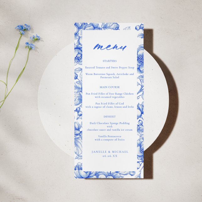 Menu Casamento de Script de Chinoiserie Azul Franc (Criador carregado)