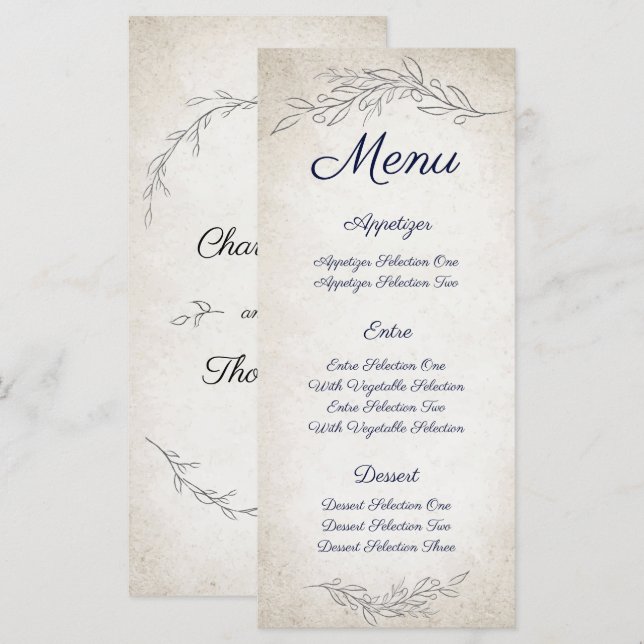 Menu Casamento de Script de Folhas Suaves Elegantes (Frente/Verso)