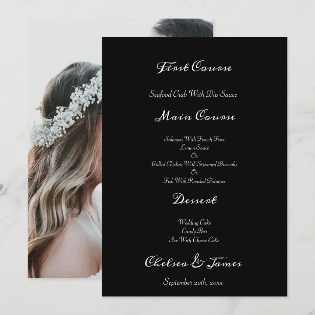 Menu Casamento de Script de Foto Elegante Negra (Frente/Verso)