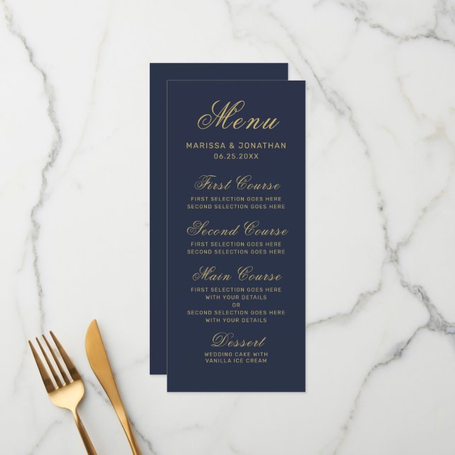 Menu Casamento de Script Dourado Azul do Marinho Elegan (Frente/Verso In Situ)
