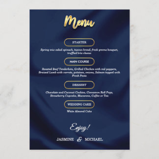 Menu Casamento de Script Dourado e Azul com Marinho de