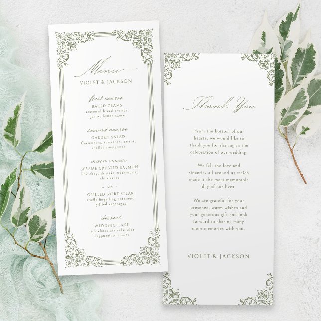 Menu Casamento de Script Elegante de Frame Verde Sage (Sage Green Vintage Frame Elegant Script Wedding Menu)