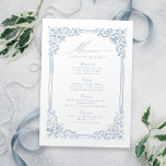 Menu Casamento de Script Elegante de Moldura Azul Dusty<br><div class="desc">Elegante design de borda de quadros ornamentais antigos com na moda em cor azul empoeirada,  menus simples e clássicos de casamento excelente para casamento clássico moderno,  casamento vintage romântico e casamento tradicional formal. Veja todas as peças correspondentes na coleção.</div>