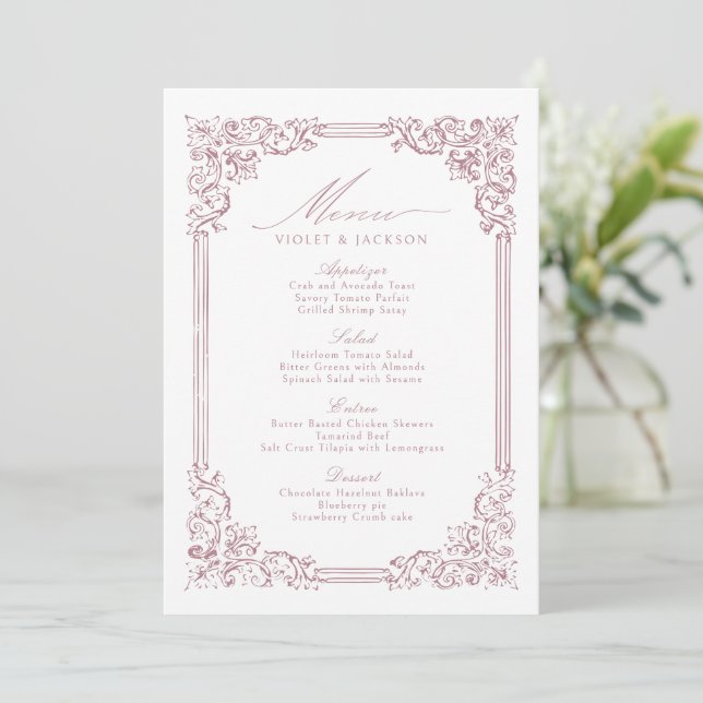 Menu Casamento de Script Elegante de Moldura Rosa Dusty (Em pé/Frente)