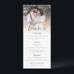 Menu Casamento de Script Elegante de Sobreposição de Fo<br><div class="desc">Menu de Casamento Elegante de Script de Sobreposição de Fotos Moderna. Uma tipografia informal em preto para o título principal Menu que complementa o resto do texto que você pode facilmente personalizar. Substitua a foto de exemplo pelo seu favorito.</div>