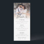 Menu Casamento de Script Elegante de Sobreposição de Fo<br><div class="desc">Menu de Casamento Elegante de Script de Sobreposição de Fotos Moderna. Uma tipografia informal em preto para o título principal Menu que complementa o resto do texto que você pode facilmente personalizar. Substitua a foto de exemplo pelo seu favorito.</div>