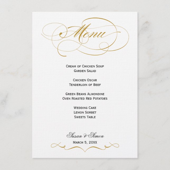 Menu Casamento de Script Elegante - Dourado e Pret (Frente)