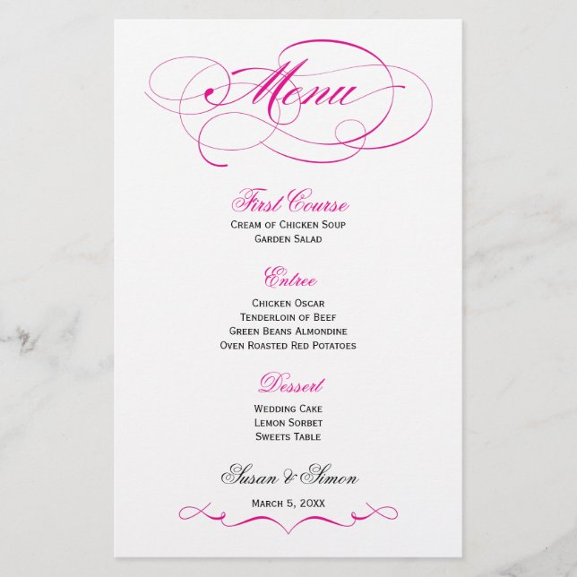 Menu Casamento de Script Elegante - Rosa Brilhante (Frente)