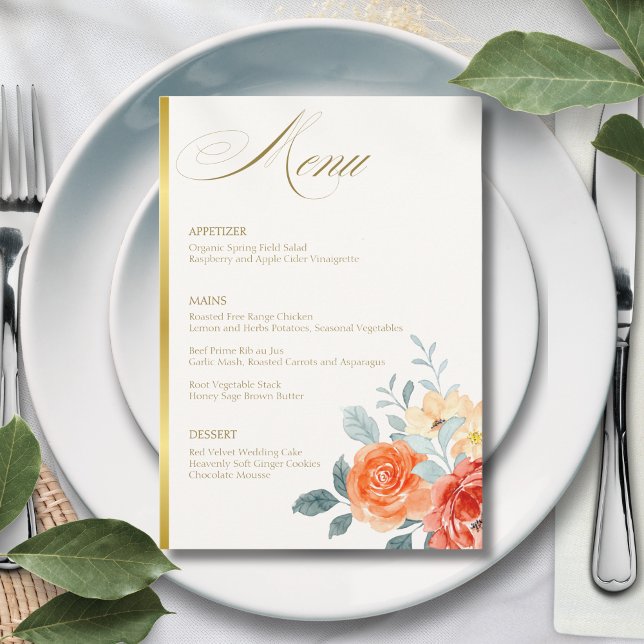 Menu Casamento de Script Floral Dourado Elegante (Criador carregado)