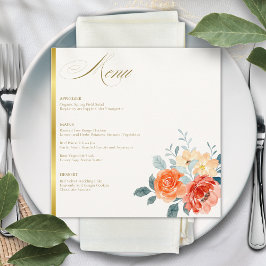 Menu Casamento de Script Floral Dourado Elegante