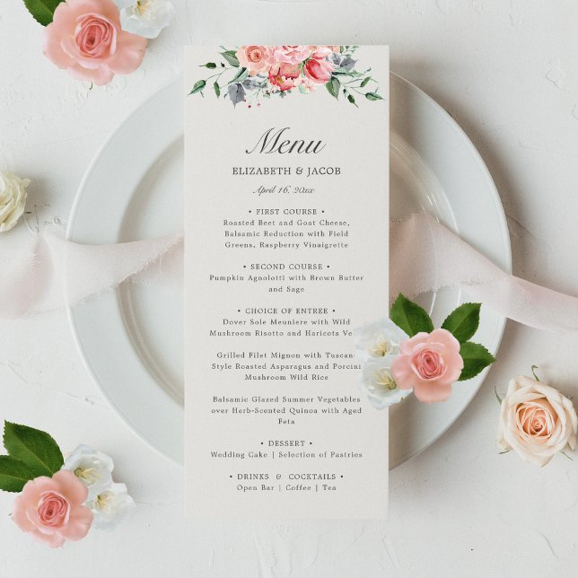 Menu Casamento de Script Floral Elizabeth Pink (This elegant, floral wedding menu features pink roses and is perfect for a classic garden reception)