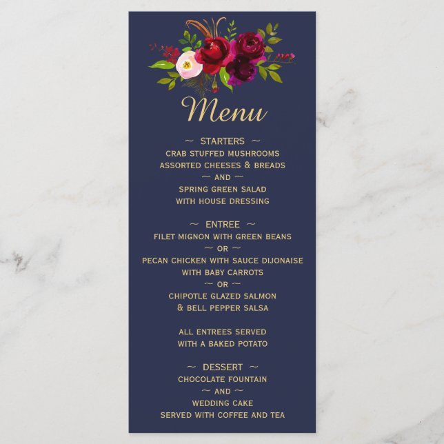 Menu Casamento de Script Floral Floral marinho Blue Bur (Frente)