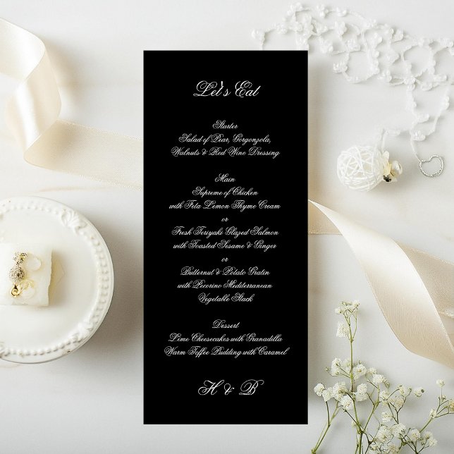 Menu Casamento de Script Formal Preto e Branco Premium (Criador carregado)