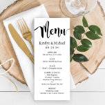 Menu Casamento de Script Manuscrito Preto Moderno<br><div class="desc">Cartões modernos de Menu de Casamento apresentam um esquema moderno de cores preto e branco com tipografia de script de caligrafia manuscrito e ousado com detalhes de rolagem de na moda. Personalize o monograma personalizado casual, mas elegante, e jante as informações de texto do menu para o dia do seu...</div>