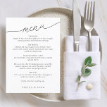 Menu Casamento de Script Minimalista Moderno<br><div class="desc">O menu de casamento simples e moderno apresenta um "menu" moderno num anjo com letra serif clássica. Seu convidado vai adorar o visual preto e branco minimalista limpo.</div>