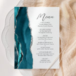 Menu Casamento de Script Moderno da Agata de Prata Azul<br><div class="desc">Este elegante cardápio moderno de casamento apresenta uma cor azul lacrimejante agata bordada com falso brilho prateado. O texto personalizável combina o script de escrita manual de cinzas de carvão e as fontes sans serif em um fundo branco. O design de gás lacrimogêneo e prateado é repetido no verso.</div>