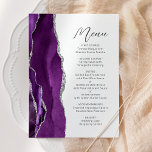 Menu Casamento de Script Moderno de Prata de Agato Roxo<br><div class="desc">Este elegante cardápio moderno de casamento apresenta uma cor d'água púrpura e borda agitada com falso brilho prateado. O texto personalizável combina o script de escrita manual de cinzas de carvão e as fontes sans serif em um fundo branco. O design de agato roxo e prateado é repetido no verso....</div>