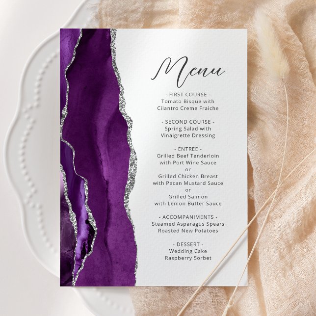 Menu Casamento de Script Moderno de Prata de Agato Roxo (Criador carregado)