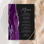 Menu Casamento de Script Moderno de Prata de Agato Roxo<br><div class="desc">Este elegante cardápio moderno de casamento apresenta uma cor d'água púrpura e borda agitada com falso brilho prateado. O texto personalizável combina o script de escrita manual de cinzas prateadas e as fontes sans serif em um fundo preto de slate. O design de agato roxo e prateado é repetido no...</div>