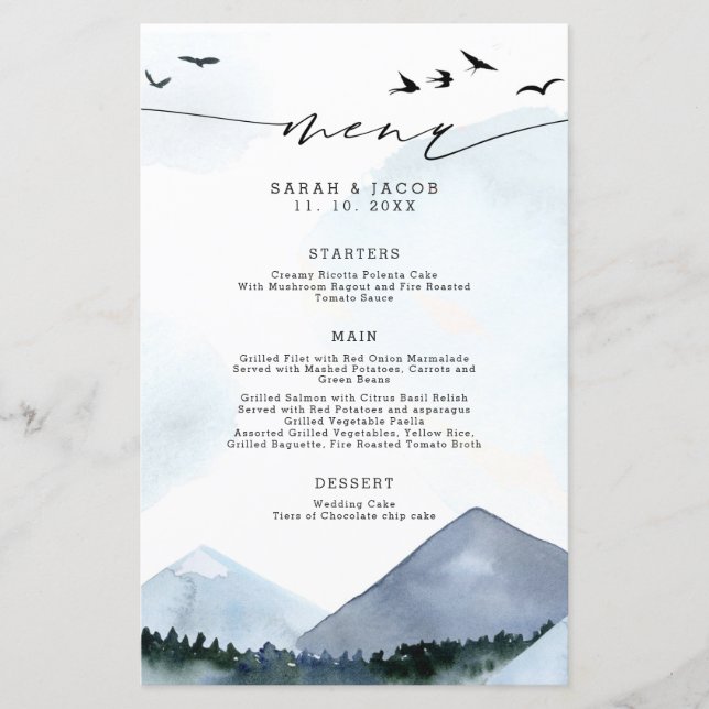 Menu Casamento de Script Montanhas Azuis Chic Slat (Frente)