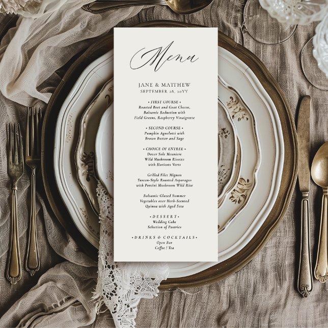 Menu Casamento de Script Negro Elegante Moderno e Simpl (This elegant wedding dinner menu features a handwritten calligraphy script font)