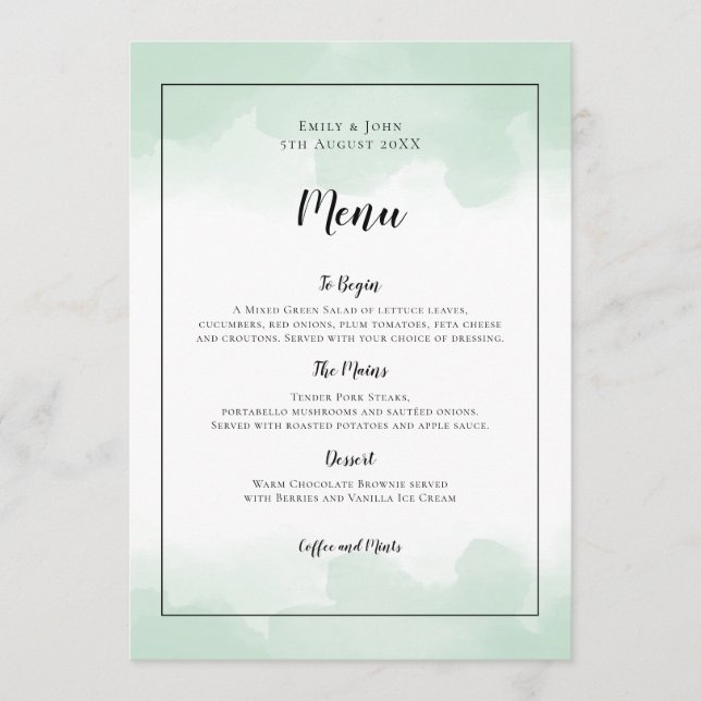 Menu Casamento de Script Preto com Molas Verdes Mint (Frente)