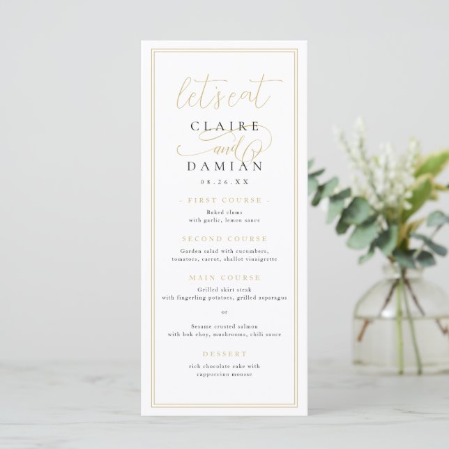 Menu Casamento de Script Romântico Dourado Simples Eleg (Em pé/Frente)