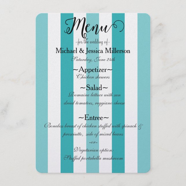 Menu Casamento de Stripes de Turquesa Azul de Prai (Frente)