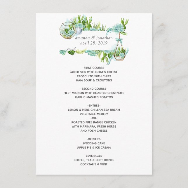 Menu Casamento de Succulents de Vidro Aquoso (Frente)