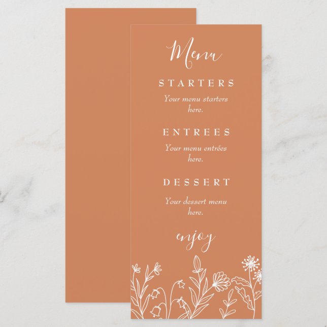 Menu Casamento de terracota de flores silvestres boho (Frente/Verso)