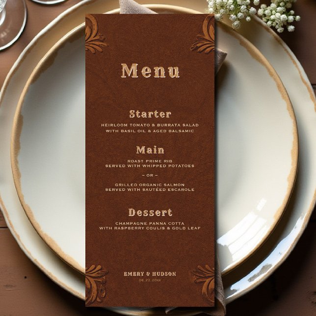 Menu Casamento de Terracota Rústica e Ferramenta Ociden (country rustic cowboy wedding menu faux tooled leather terracotta rust copper western barn)