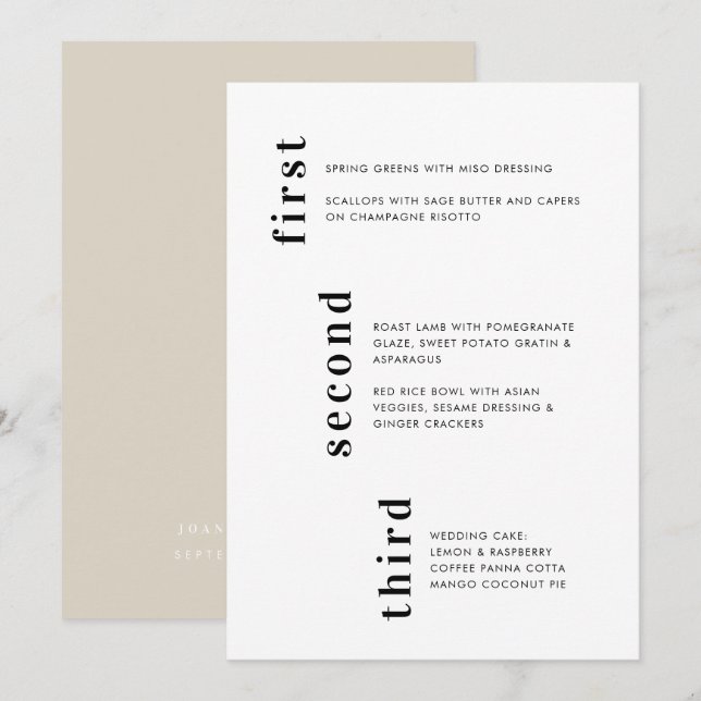 Menu Casamento de texto vertical mínimo bege exclusivo (Frente/Verso)