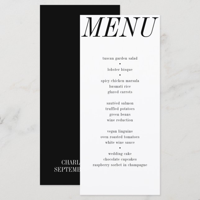 Menu Casamento de Tipografia Branca Preta Contemporânea (Frente/Verso)
