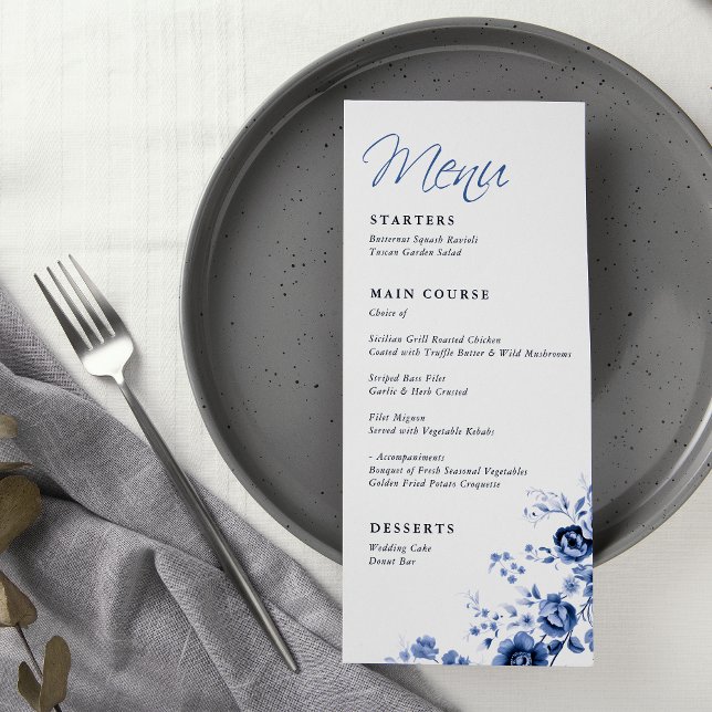 Menu Casamento De Toile Azul Floral Francês Elegante (Criador carregado)