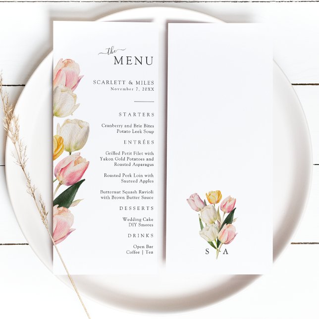 Menu Casamento de Tulip (Elegant Watercolor Tulip Wedding Menu Monogrammed by Painted Paperie
)